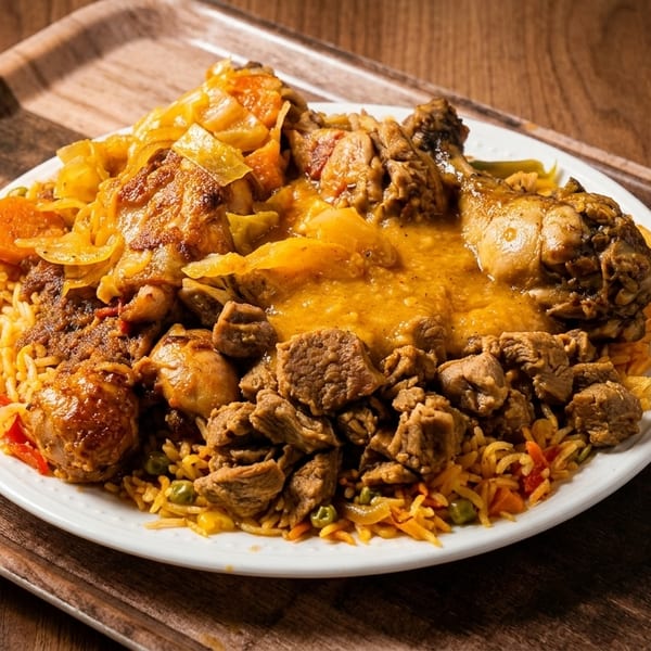 A large plate of rice with chicken, beef, and vegetables in a savory sauce on a wooden tray.