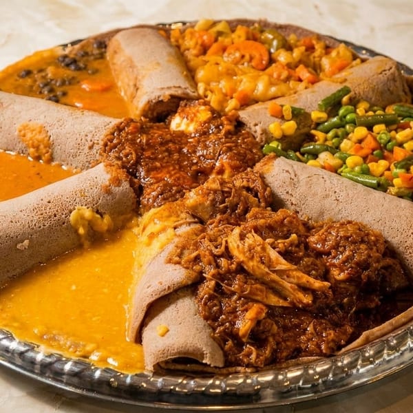 A large platter of Ethiopian injera bread with various stews and vegetables.