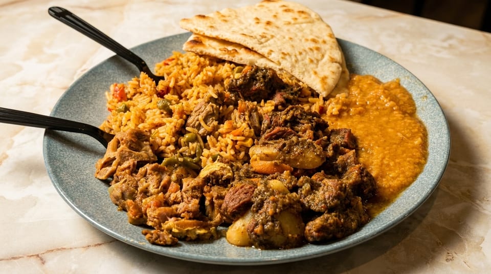 A plate of rice, meat, dal, and naan bread, with two black forks.
