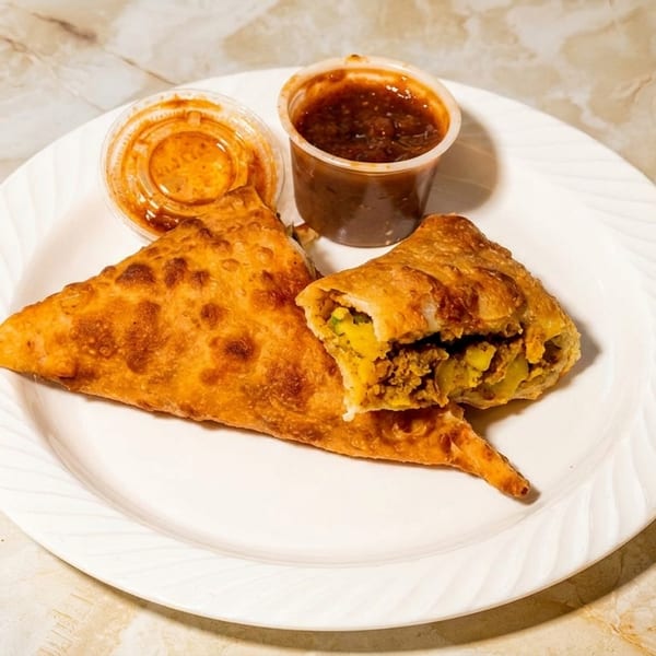 Two golden-brown samosas, one cut open to reveal a savory filling, served with two dipping sauces.