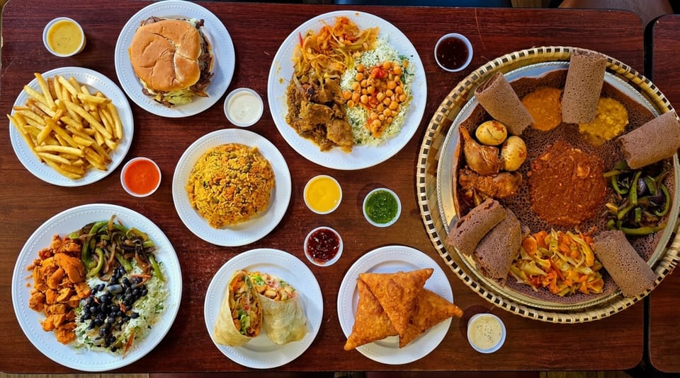 An overhead view of a table laden with various Ethiopian dishes, including injera, stews, and sides.